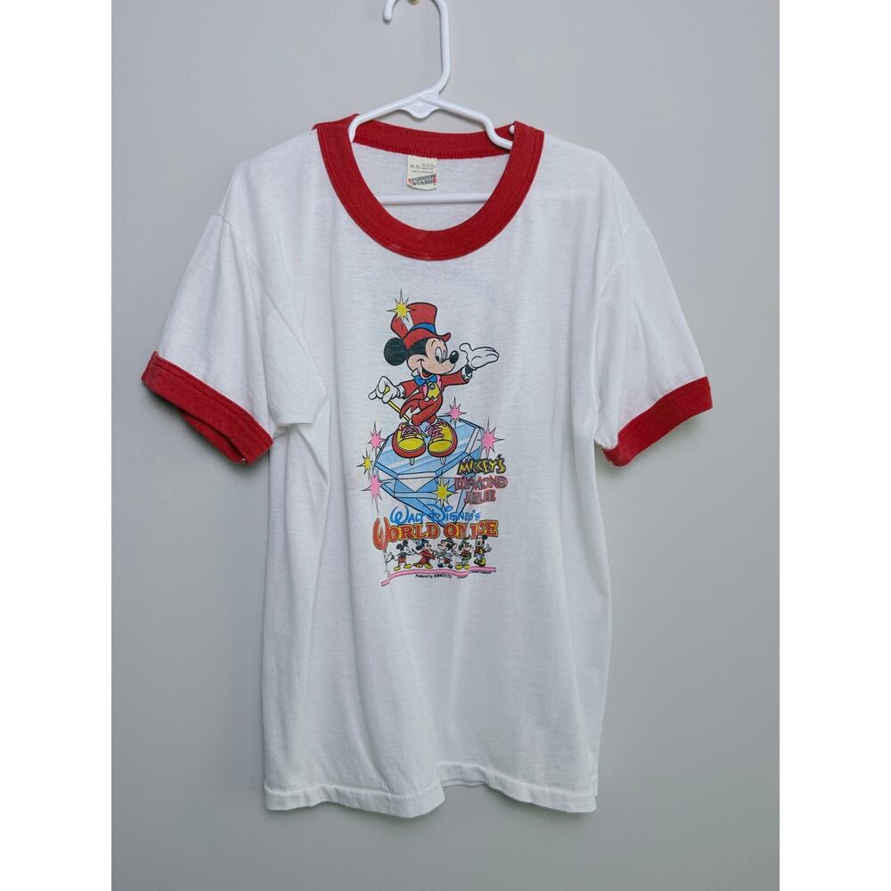 Vintage 1989 Disney World On Ice Mickey Diamond Jubilee Ringer T-Shirt USA 14-16